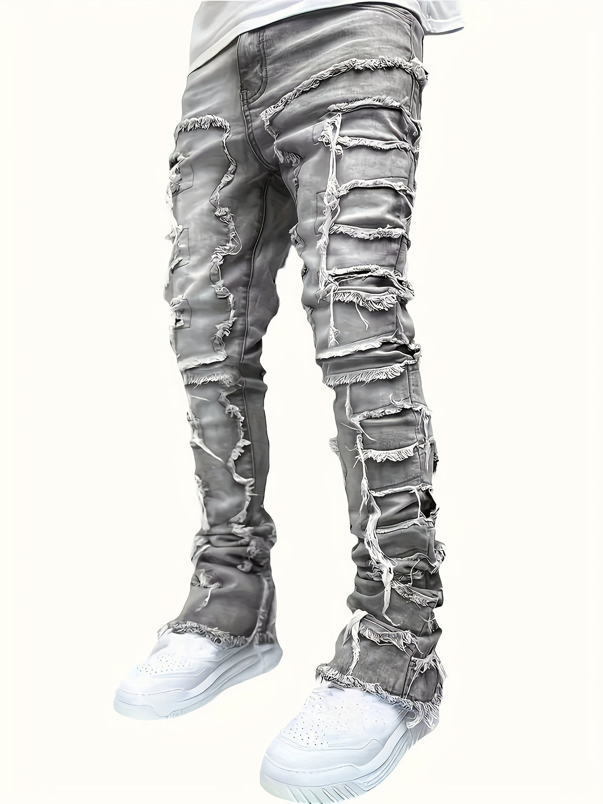Jean slim homme vieilli – déchirures superposées et patchwork denim urbain