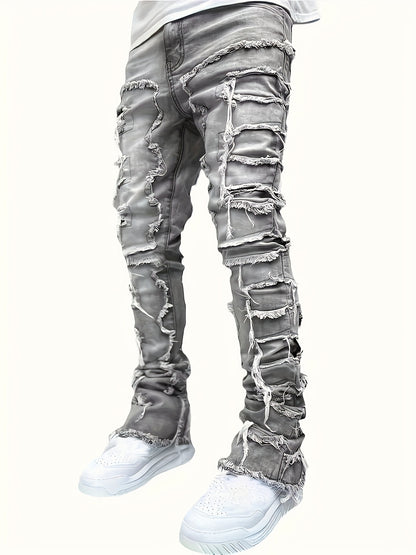 Jean slim homme vieilli – déchirures superposées et patchwork denim urbain