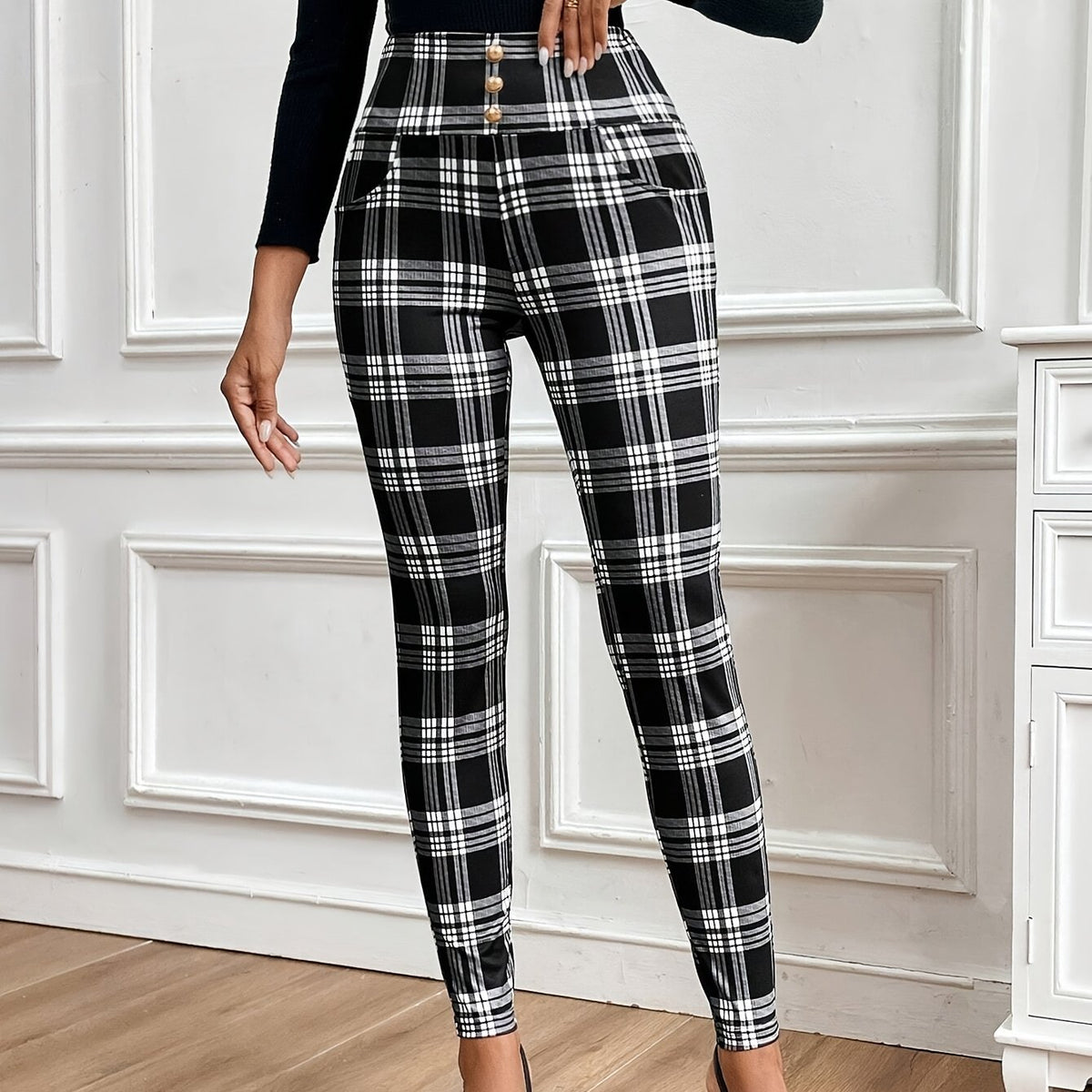 Women’s High-Waist Checkered Slim Pants – Elegant Plaid Trousers