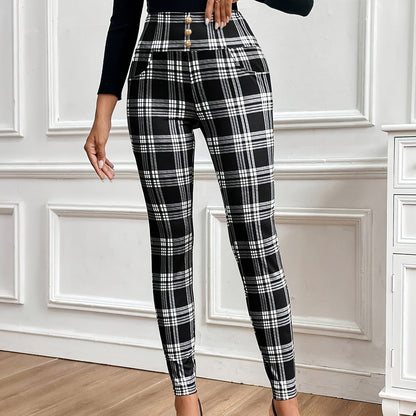 Women’s High-Waist Checkered Slim Pants – Elegant Plaid Trousers