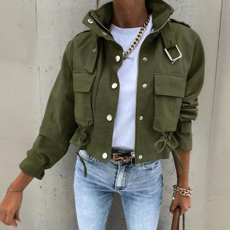 Women’s Stand Collar Jacket with Button & Zipper – Casual Short Fit