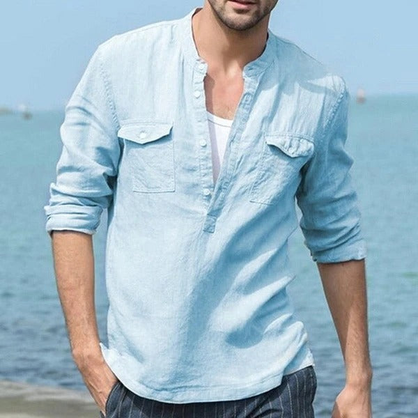 Men’s Cotton Linen Long Sleeve Shirt – Breathable Casual Button Top
