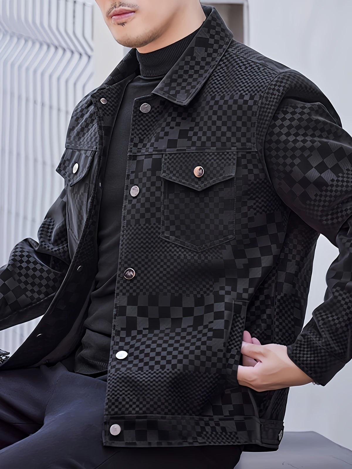 Manteau en PU à carreaux pour hommes – Veste de rue pied-de-poule noir et marron