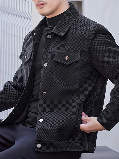 Manteau en PU à carreaux pour hommes – Veste de rue pied-de-poule noir et marron
