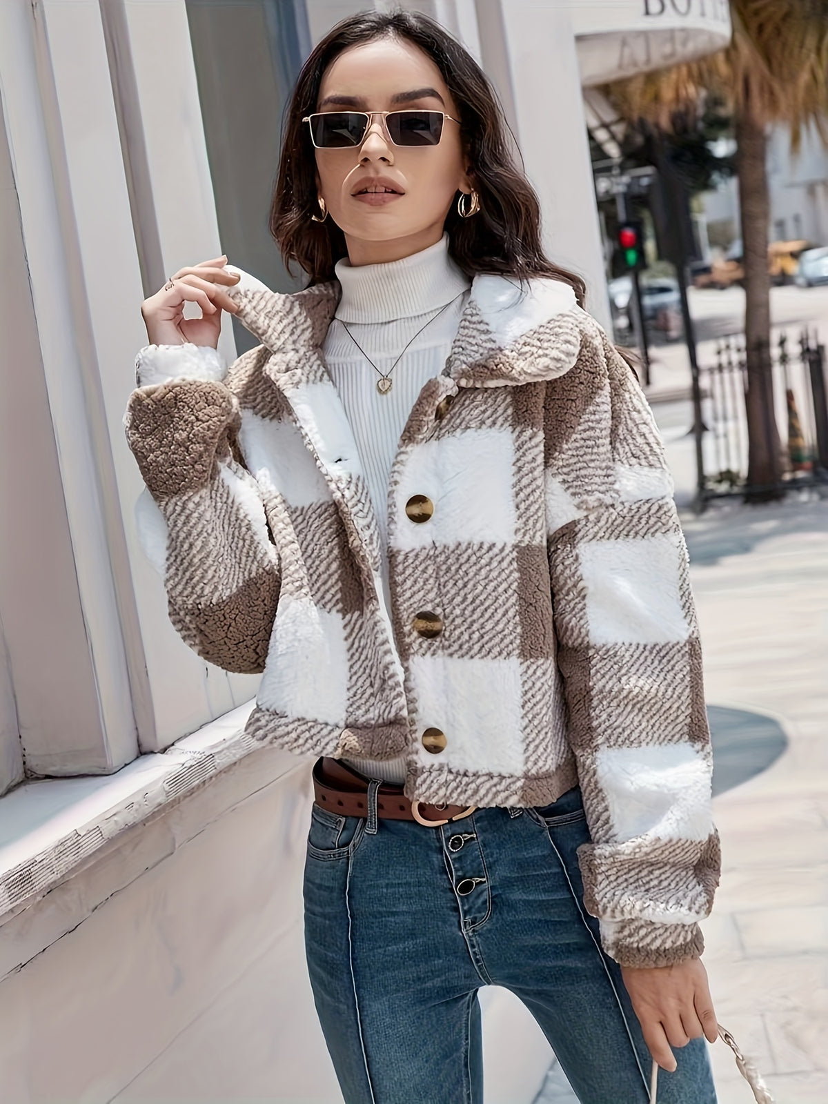 Manteau d'hiver en peluche à carreaux pour femme – Chaud, boutonné, manches longues