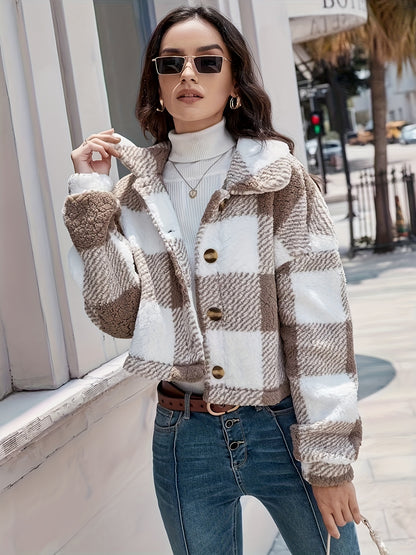 Manteau d'hiver en peluche à carreaux pour femme – Chaud, boutonné, manches longues