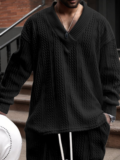 Men’s V-Neck Knit Sweater – Jacquard Rib Casual Pullover