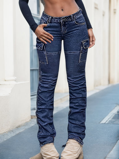Women’s High Waist Cargo Jeans – Relaxed Blue Denim Straight-Leg Pants
