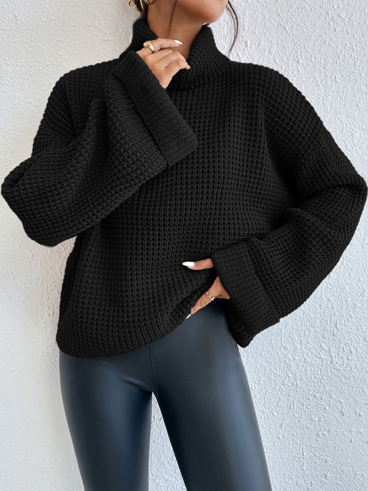 Women’s High-Neck Drop Shoulder Waffle Sweater – Vibrant Blue Knit
