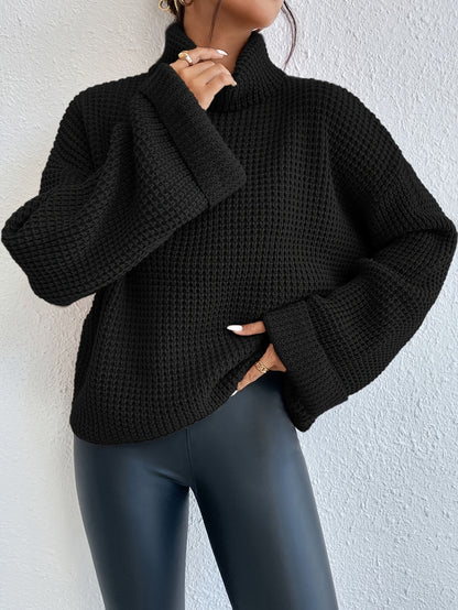 Women’s High-Neck Drop Shoulder Waffle Sweater – Vibrant Blue Knit