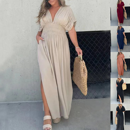 Loom & Soul™ Women’s V-Neck Slit Maxi Dress – Summer Short Sleeve Elastic Waist Long Dress