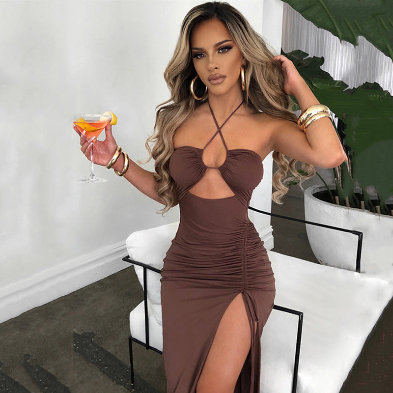 Vestido maxi dividido con cordones y cuello halter – Vestido de fiesta de verano Y2K sin espalda