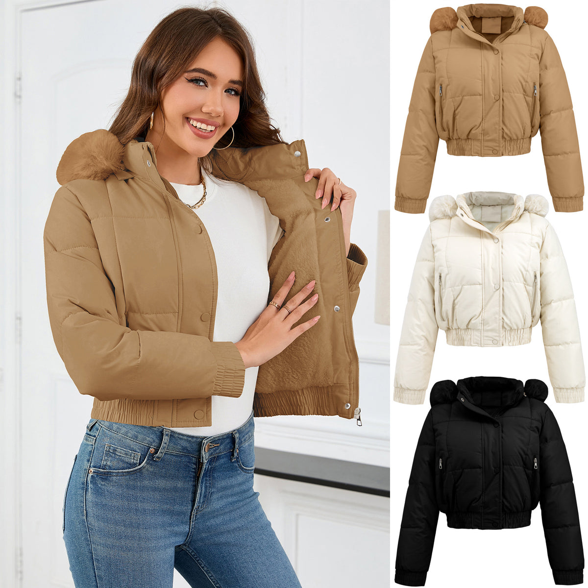 Loom & Soul™ Women’s Cotton-Padded Winter Jacket – Elegant Thick Warm Coat in Khaki, Black, or White