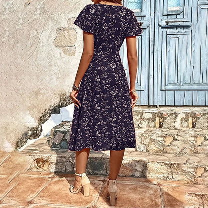 Robe longue boutonnée florale style bohème – Robe de plage fendue d'été