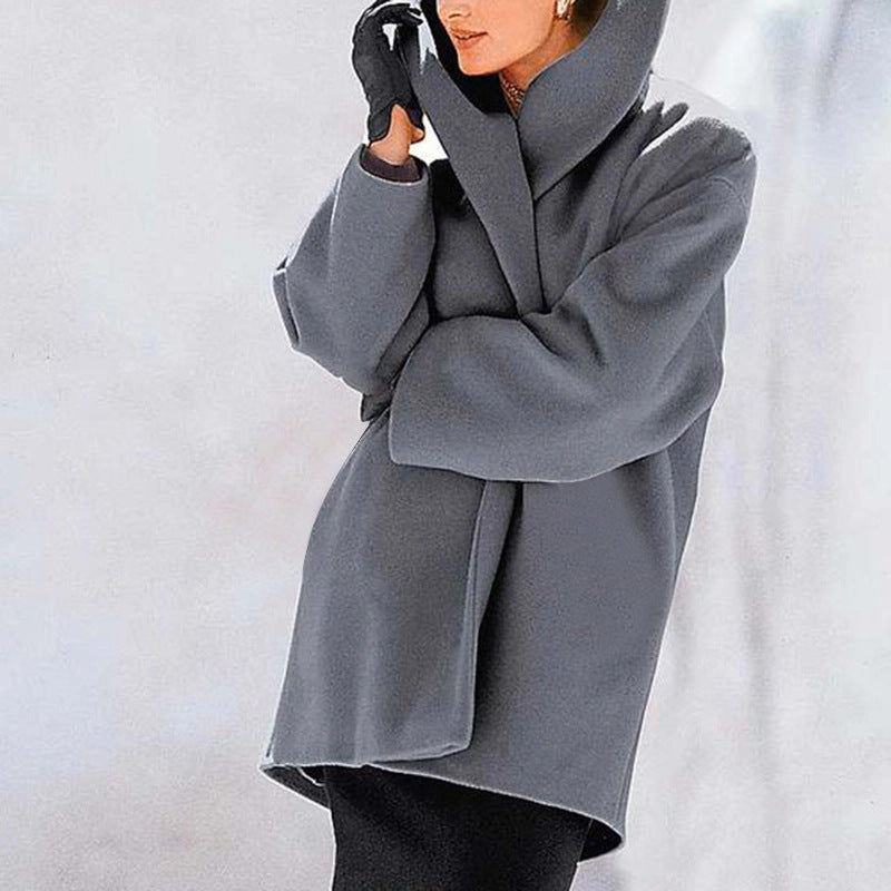 Women’s Loose Woolen Sweater Coat – Casual Round Neck Winter Jacket