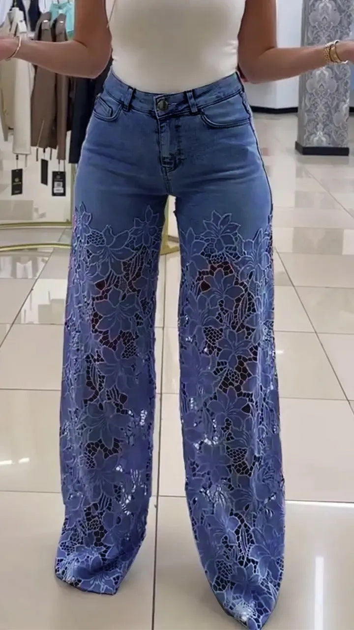 Jean évidé en dentelle Loom & Soul™ Y2K – Pantalon taille haute pour femme avec détails découpés floraux