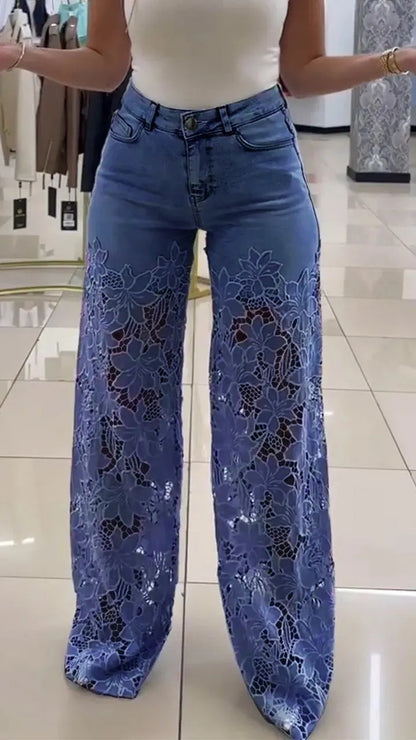 Jean évidé en dentelle Loom & Soul™ Y2K – Pantalon taille haute pour femme avec détails découpés floraux