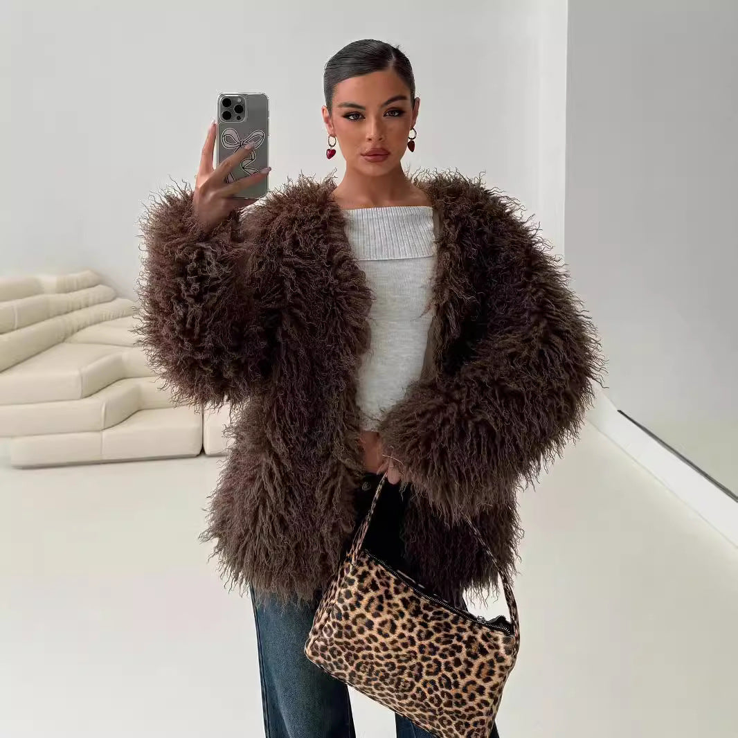 Veste en fausse fourrure pour femme avec surpiqûres en cuir – Manteau style urbain