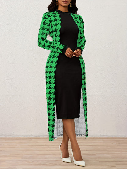 Robe moulante à col montant en pied-de-poule – Robe élégante à manches longues en tricot