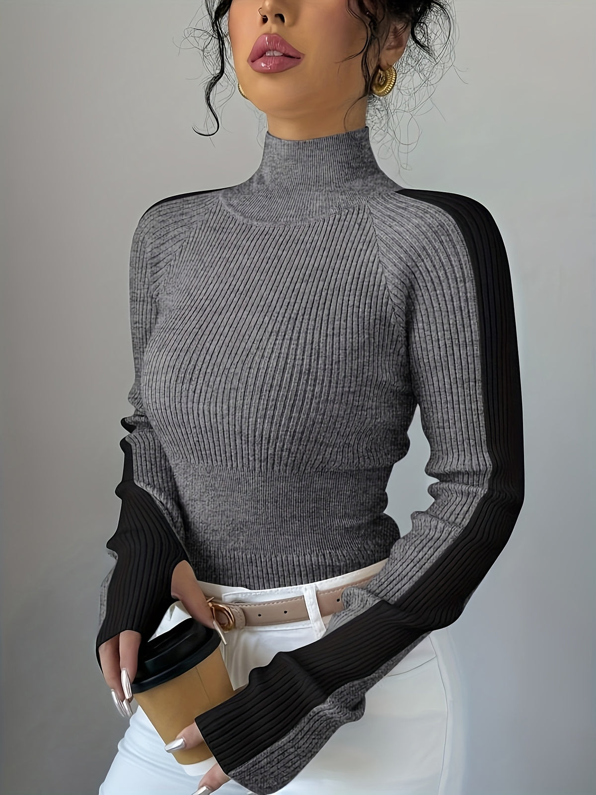 Women’s Color Block Turtleneck Sweater – Elegant Soft Knit Top