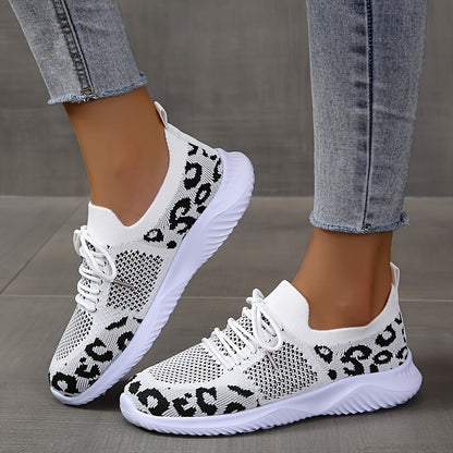 Loom & Soul Leopard Print Lace-Up Sneakers – Women’s Casual White Sports Shoes with Round Toe