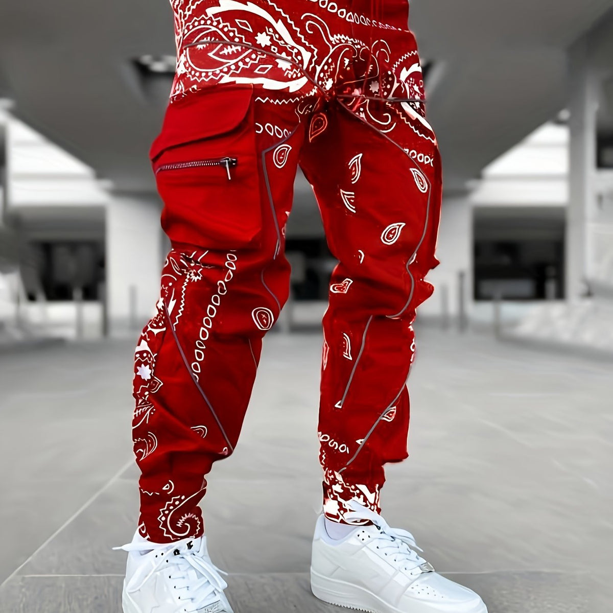 Pantalon cargo de jogging géométrique pour homme – Coupe ample avec poches zippées