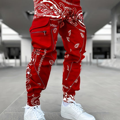 Pantalon cargo de jogging géométrique pour homme – Coupe ample avec poches zippées