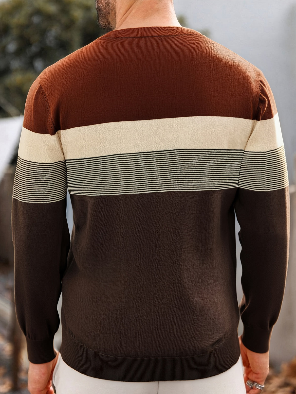Chandail en maille rayé pour homme – Col rond classique à manches longues