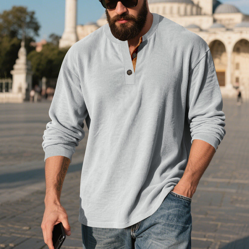 Men’s Retro Corduroy Henley Shirt – Long Sleeve Loose Fit