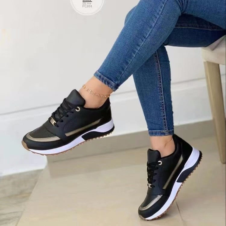 Loom & Soul™ Women’s Flat Lace-Up Sneakers – Breathable Patent PU Casual Shoes with Soft PU Sole