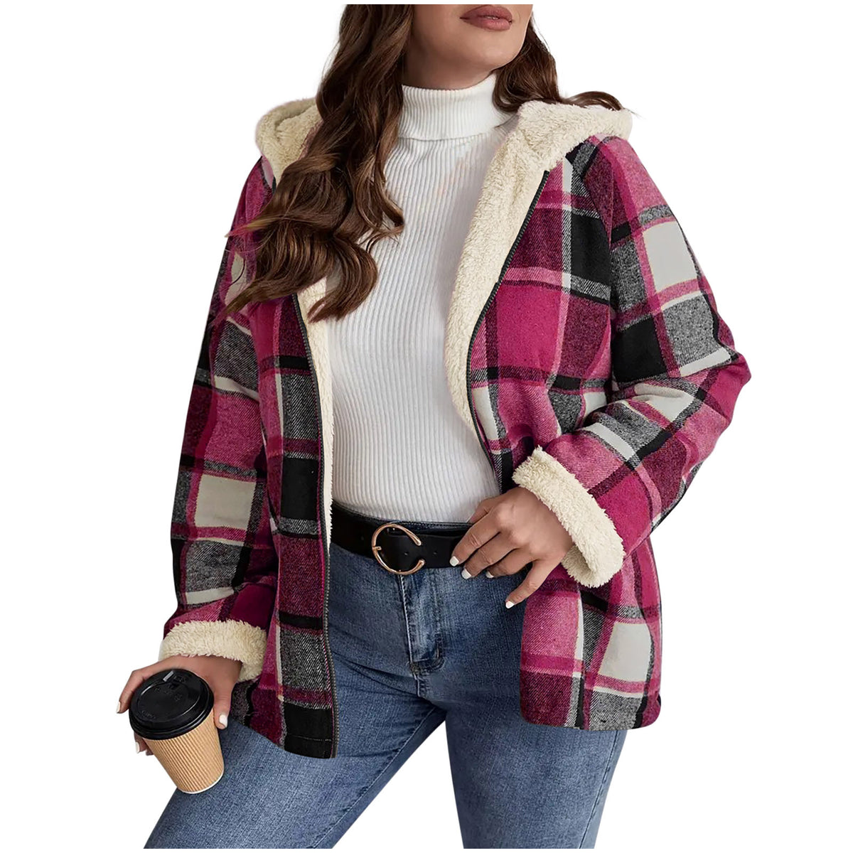 Manteau à carreaux doublé polaire et à capuche pour femme – Chaleur rétro ajustée