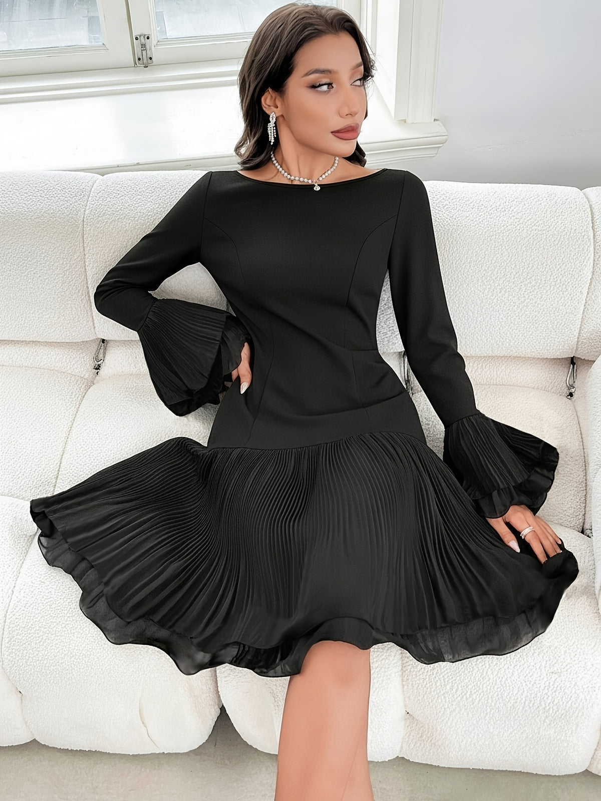 Burgundy Bardot Ruffle Dress – Elegant Vintage Party Midi Dress