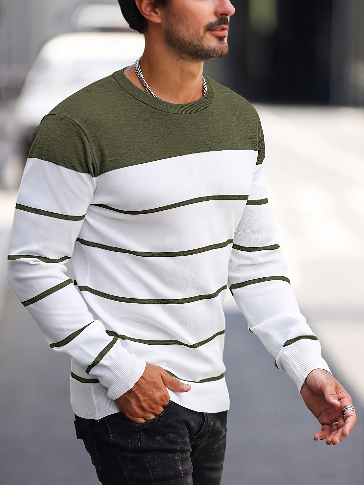Men’s Navy Striped Knit Sweater – Casual Crew Neck Pullover