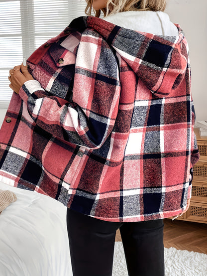 Veste à capuche à carreaux pour femme – Vêtement d'extérieur toutes saisons doublé polaire à boutons