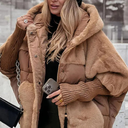 Loom & Soul™ Faux Fur Patchwork Hooded Coat – Women’s Loose Cotton Winter Jacket for Chic Comfort & Warmth