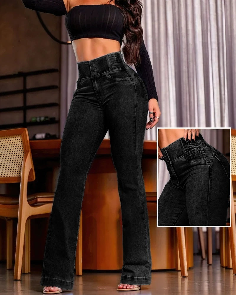Loom & Soul™ Jean taille haute à boutons – Jean slim élégant à fronces pour femme