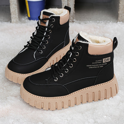 Women’s Fleece-Lined High-Top Ankle Boots – Thick Sole Casual Winter Shoes