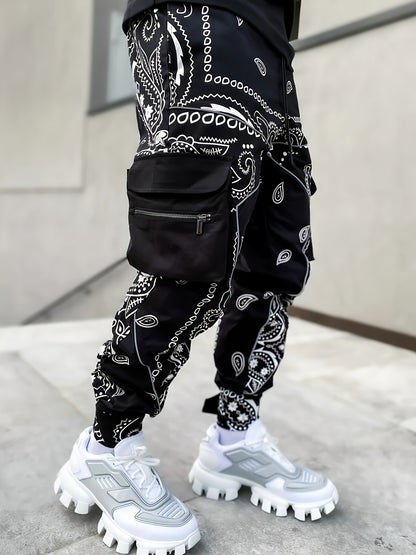 Pantalon cargo de jogging géométrique pour homme – Coupe ample avec poches zippées