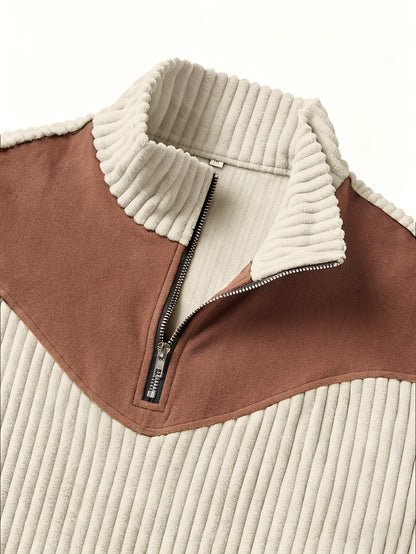 Pull Homme Demi-Zip Col Droit – Sweat Rétro Chaud et Côtelé