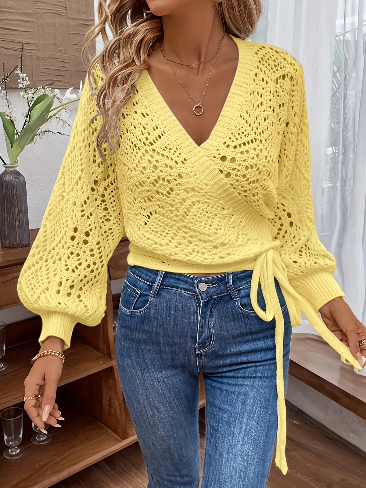 Elegant V-Neck Lantern Sleeve Sweater – Lightweight All-Season Pullover