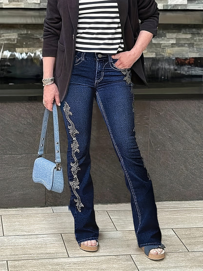Vaqueros Flare para Mujer – Acampanados Azul Oscuro con Diseño Estampado Lateral