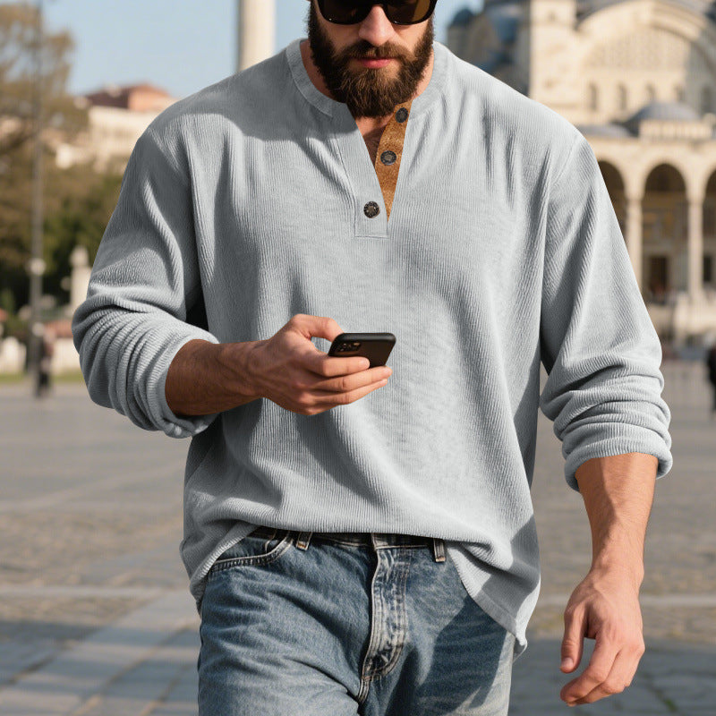 Men’s Retro Corduroy Henley Shirt – Long Sleeve Loose Fit