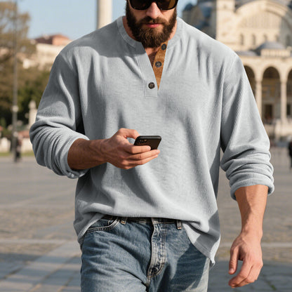 Men’s Retro Corduroy Henley Shirt – Long Sleeve Loose Fit