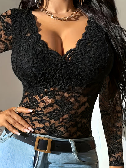 Women’s Sheer Lace V-Neck Top – Elegant Floral Long Sleeve Blouse