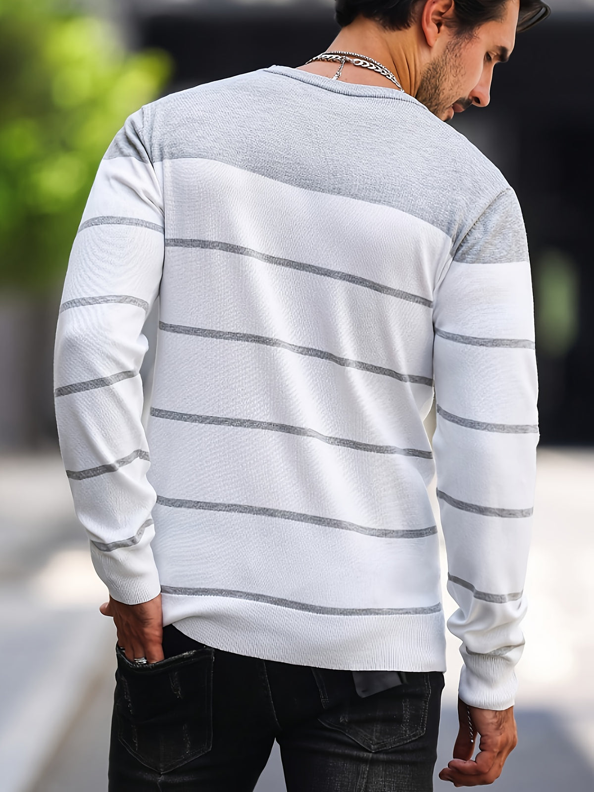 Men’s Navy Striped Knit Sweater – Casual Crew Neck Pullover