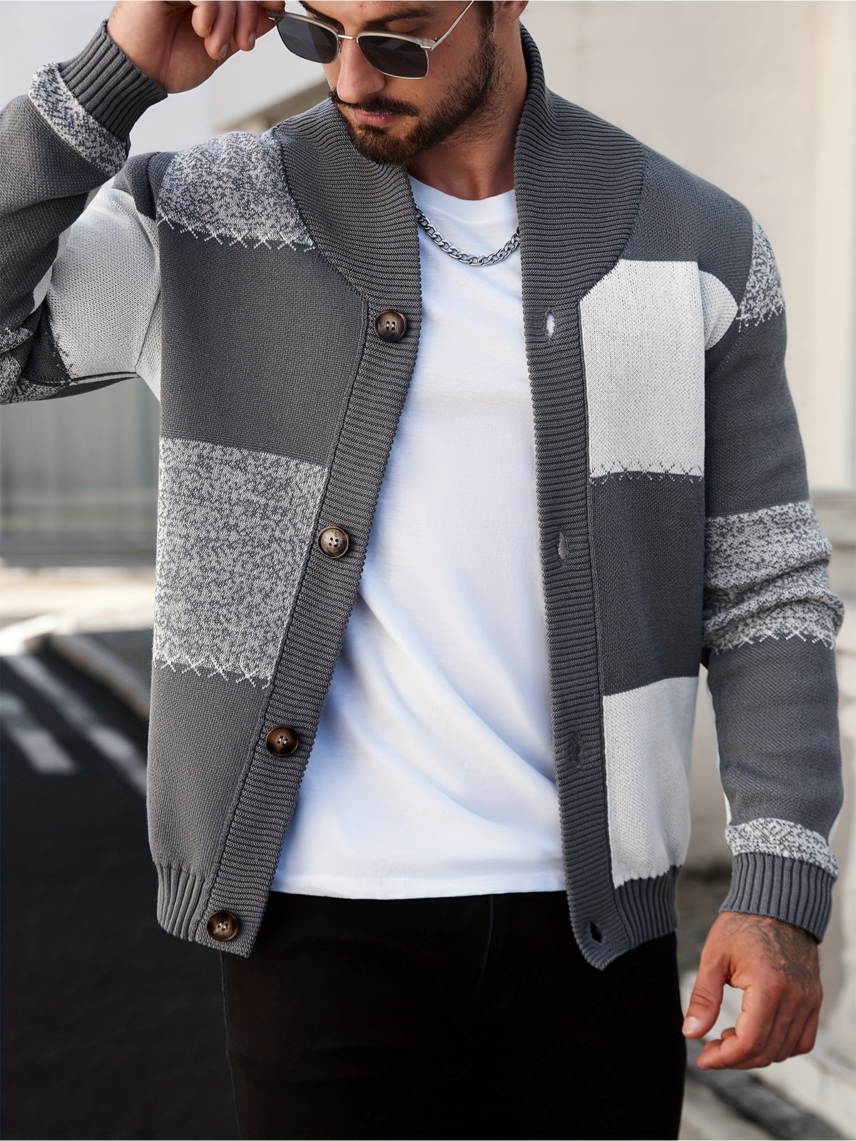 Gilet en maille à coutures contrastantes – Pull décontracté côtelé à revers
