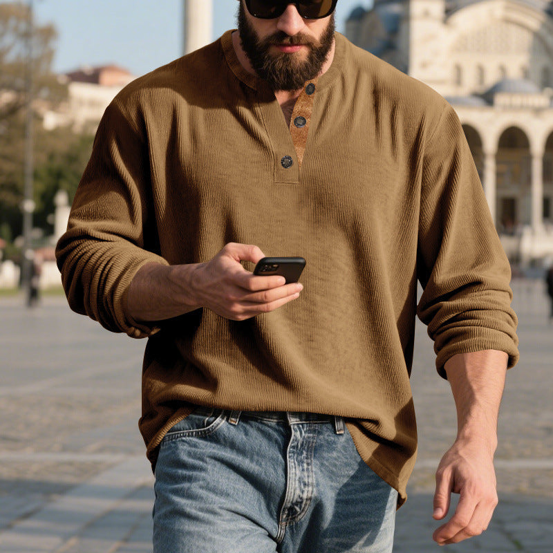 Men’s Retro Corduroy Henley Shirt – Long Sleeve Loose Fit