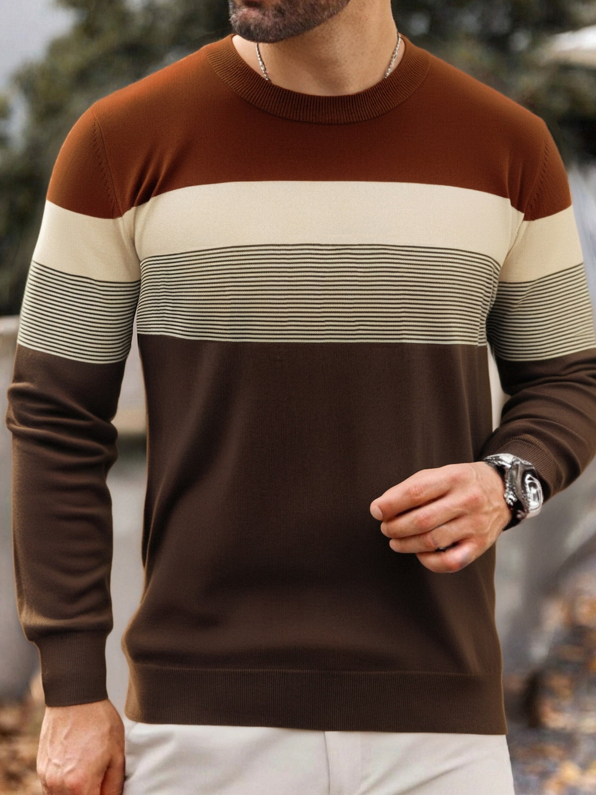 Chandail en maille rayé pour homme – Col rond classique à manches longues