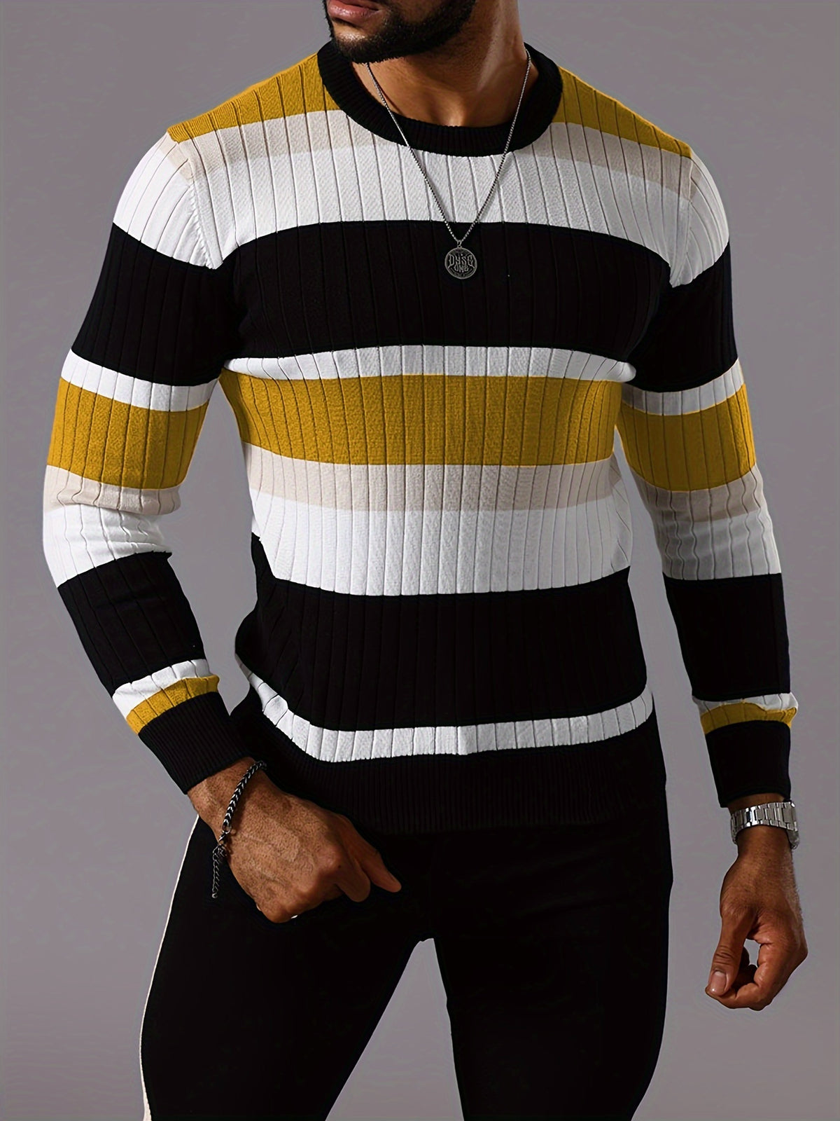 Men’s Striped Ribbed Knit Sweater – Color-Block Fall Winter Pullover