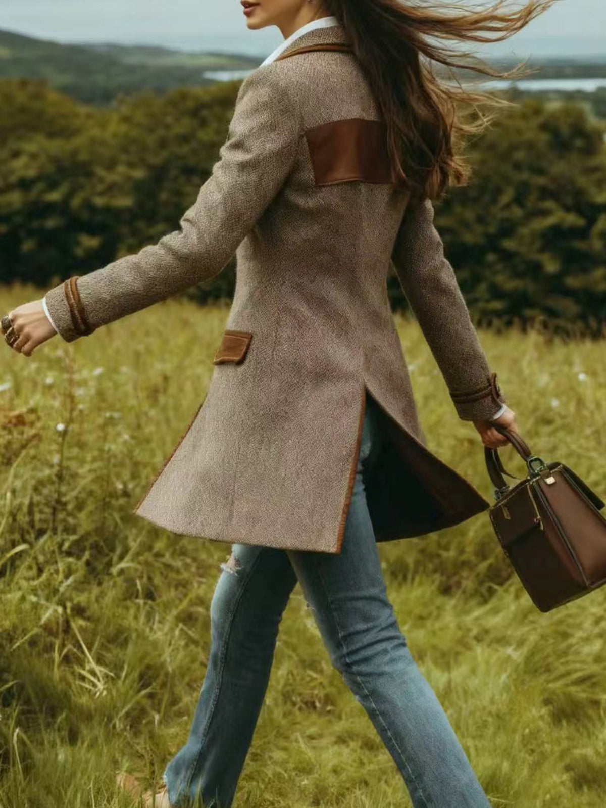 Manteau à chevrons marron – Veste élégante mi-longue ceinturée
